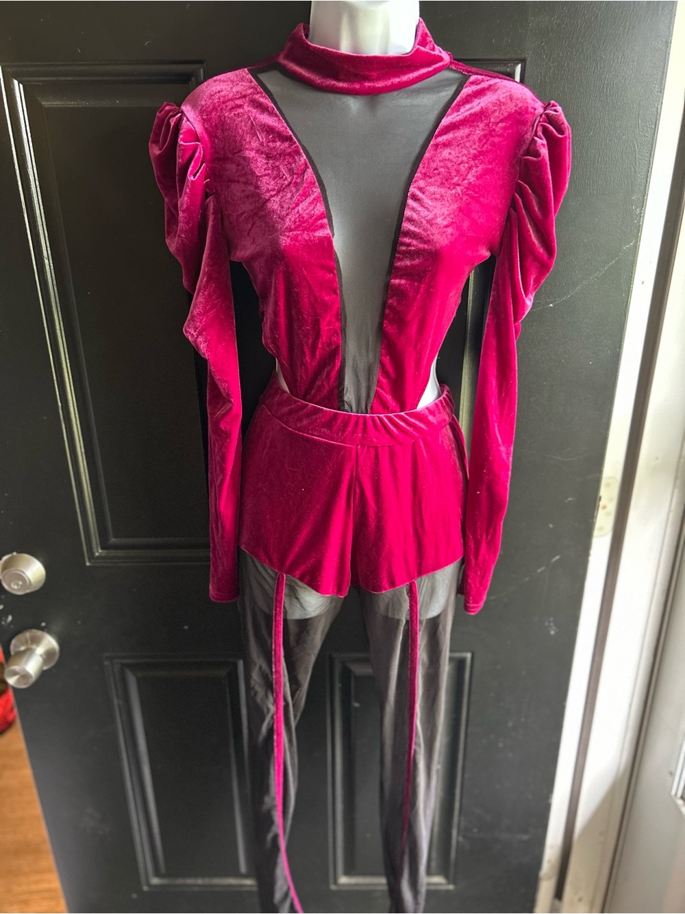 Fuchsia Burgundy Velvet Mesh Panel 2pcs Jumpsuit